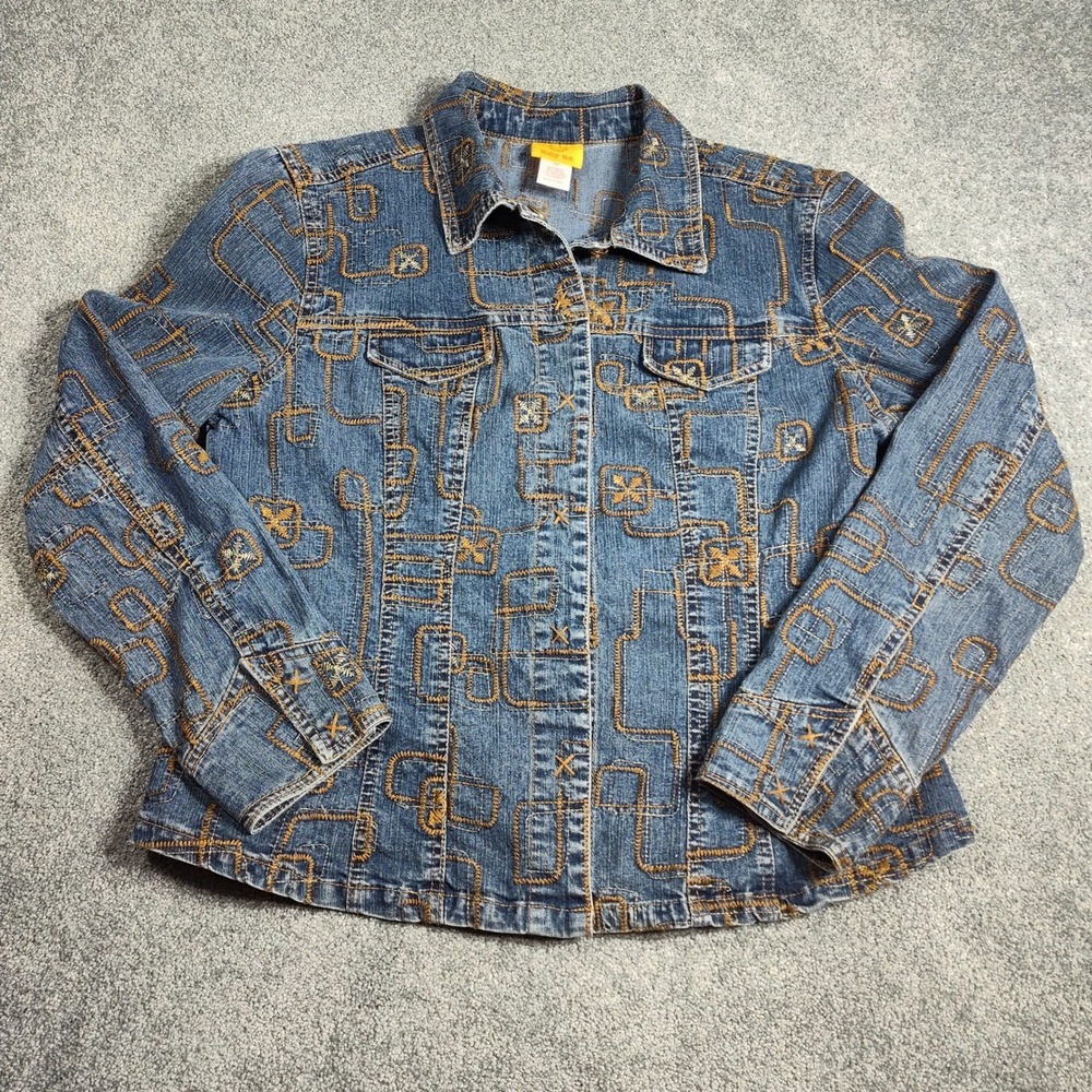 Ruby Rd Women's Denim Jacket Sz 10 Blue Gold Embroidered Western Jean Coat